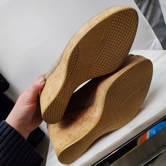 STUART WEITZMAN Tan Suede Peep-Toe Cork Wedge Heels, size 9½M - Picture 3 of 7